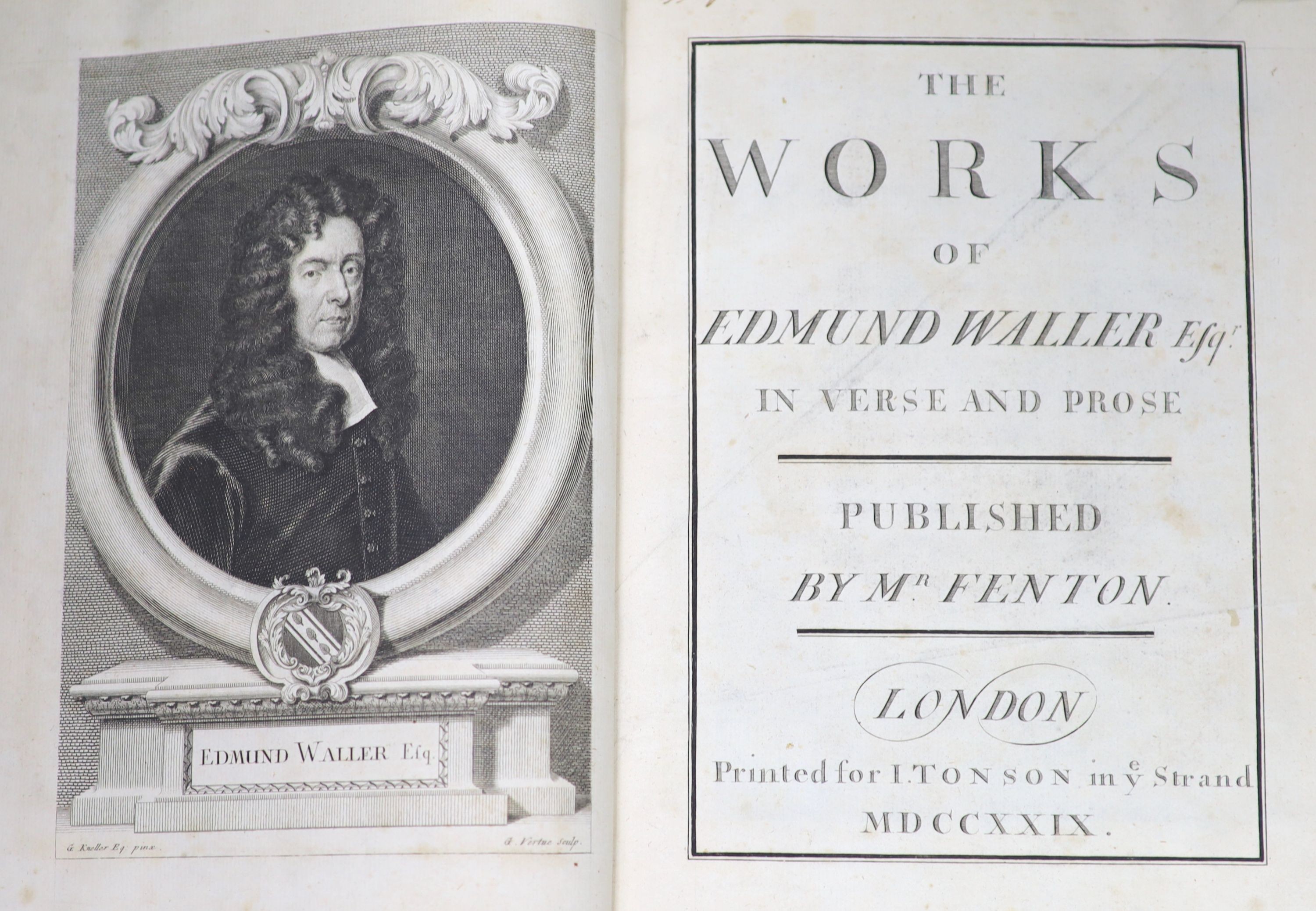 Waller, Edmund - The Works, qto, original calf, portrait frontispiece by Vertu, after Kneller, two full page engraved plates, Mr. Fenton, London, 1729